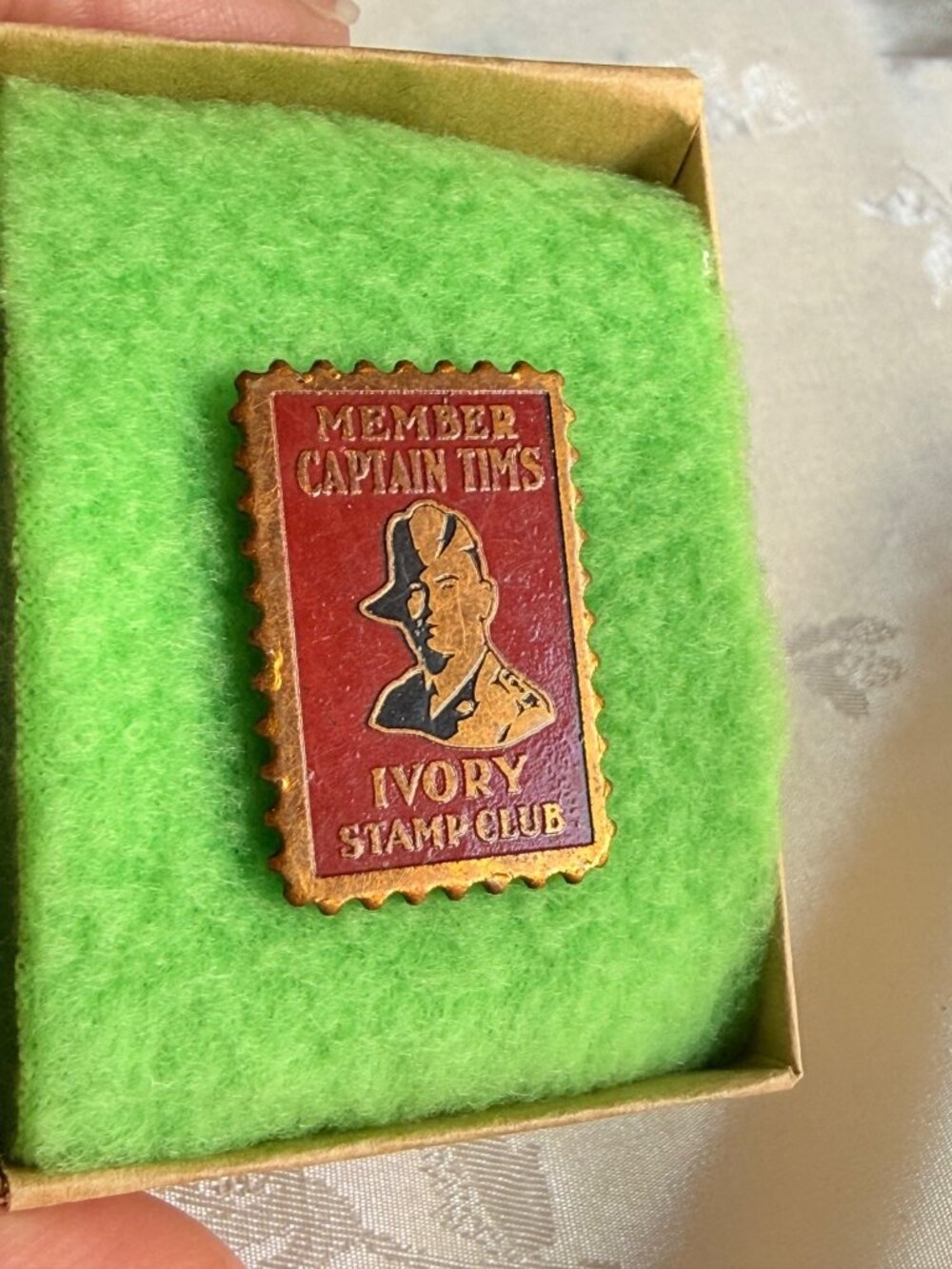 Vintage Member Captain Tims Ivory Stamp Club Aged Gold-Tone Red Enamel Pin